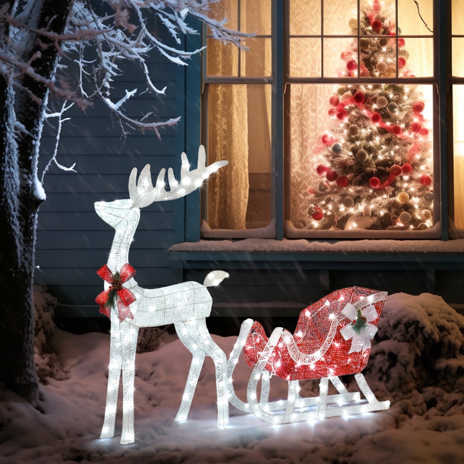 Lighted Christmas Reindeer & Sleigh Outdoor Decor Set deals w/ LED Lights