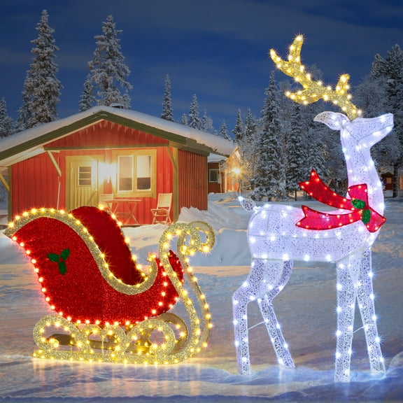 Ktaxon Lighted Christmas 5ft Reindeer & Sleigh Set Outdoor Yard Decoration Set Outdoor Yard Decoration with 450 LED Lights