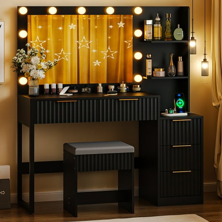 Ktaxon Flutted Makeup Vanity Table Set with 5 Drawer, Dressing Table w/Charging Station, Vanity Desk for Femal Gift, Black