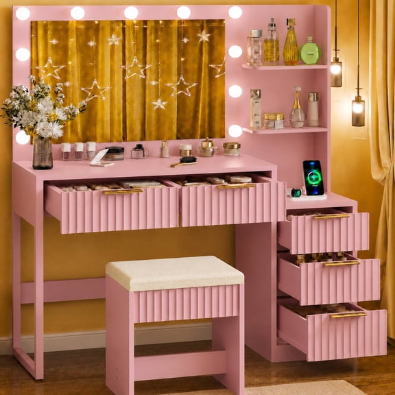 Ktaxon Flutted Makeup Vanity Table Set with 5 Drawer, Dressing Table w/Charging Station, Vanity Desk for Femal Gift, Pink