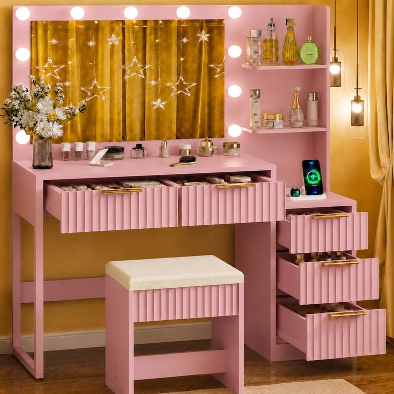 Ktaxon Flutted Makeup Vanity Table Set with 5 Drawer, Dressing Table w/Charging Station, Vanity Desk for Femal Gift, Pink