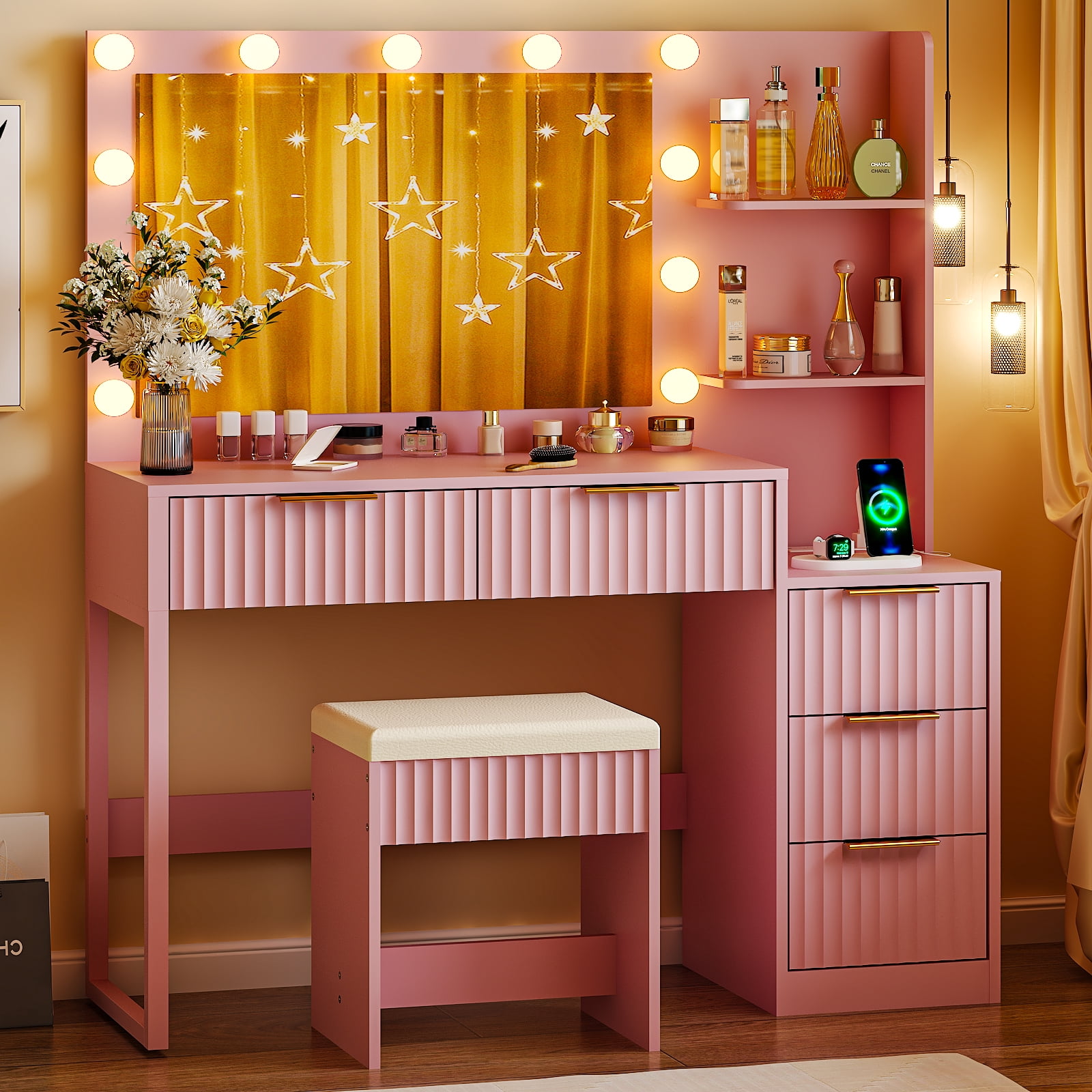 Ktaxon Flutted Makeup Vanity Table Set with 5 Drawer, Dressing Table w/Charging Station, Vanity Desk for Femal Gift, Pink