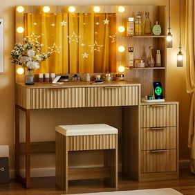 Ktaxon Flutted Makeup Vanity Table Set with 5 Drawer, Dressing Table w/Charging Station, Vanity Desk for Femal Gift, Wood Color