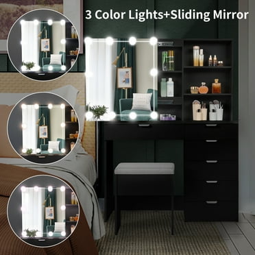 Ktaxon Lighted Makeup Vanity Table Set, Dressing Table with Sliding Mirror, Vanity Desk , Black