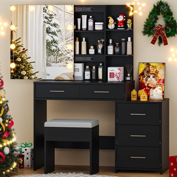 Ktaxon Lighted Makeup Vanity Table Set, Dressing Table with Sliding Mirror, Vanity Desk , Black