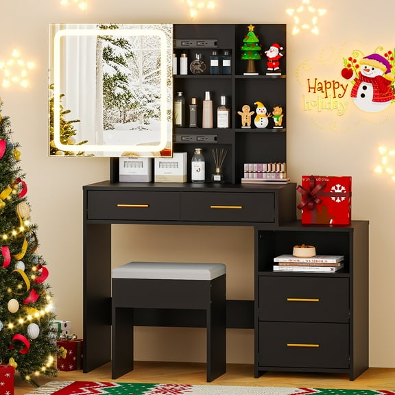 Ktaxon Lighted Makeup Vanity Table Set, Dressing Table with Sliding Mirror, Vanity Desk , Black