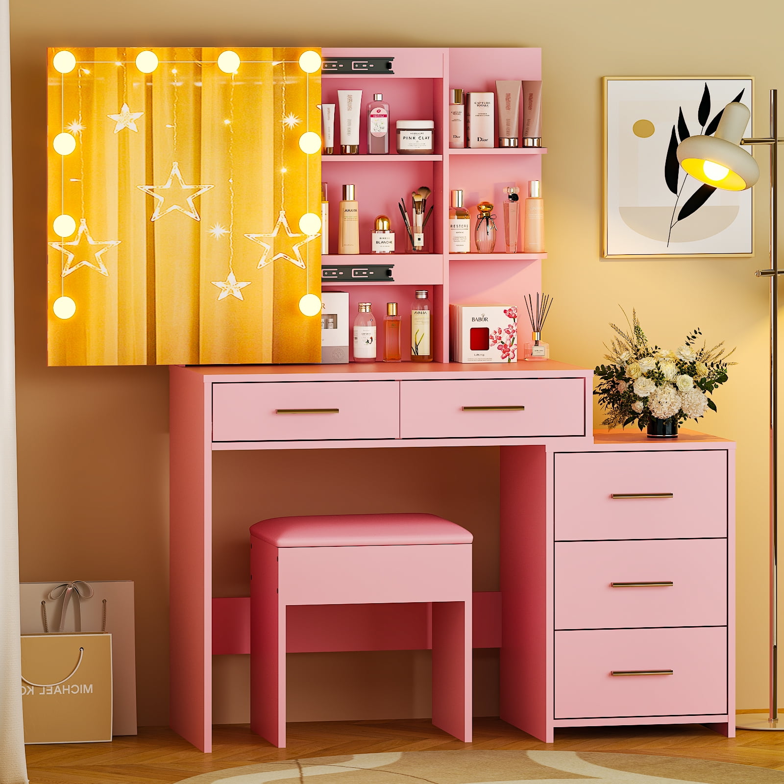Vabches Vanity Set with Sliding Mirror and Lights Makeup Table
