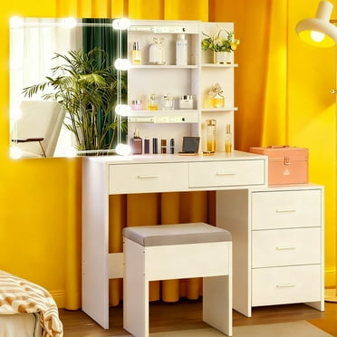 Ktaxon Lighted Makeup Vanity Table Set, Dressing Table with Sliding Mirror, Vanity Desk , White