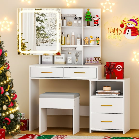Ktaxon Lighted Makeup Vanity Table Set, Dressing Table with Sliding Mirror, Vanity Desk , White
