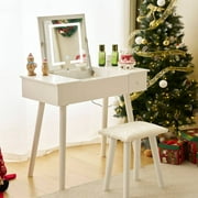 Ktaxon Lighted Makeup Vanity Table Set,Flip-top Mirror Dressing Table with LED Light, Writing Desk with Drawer and Stool, White
