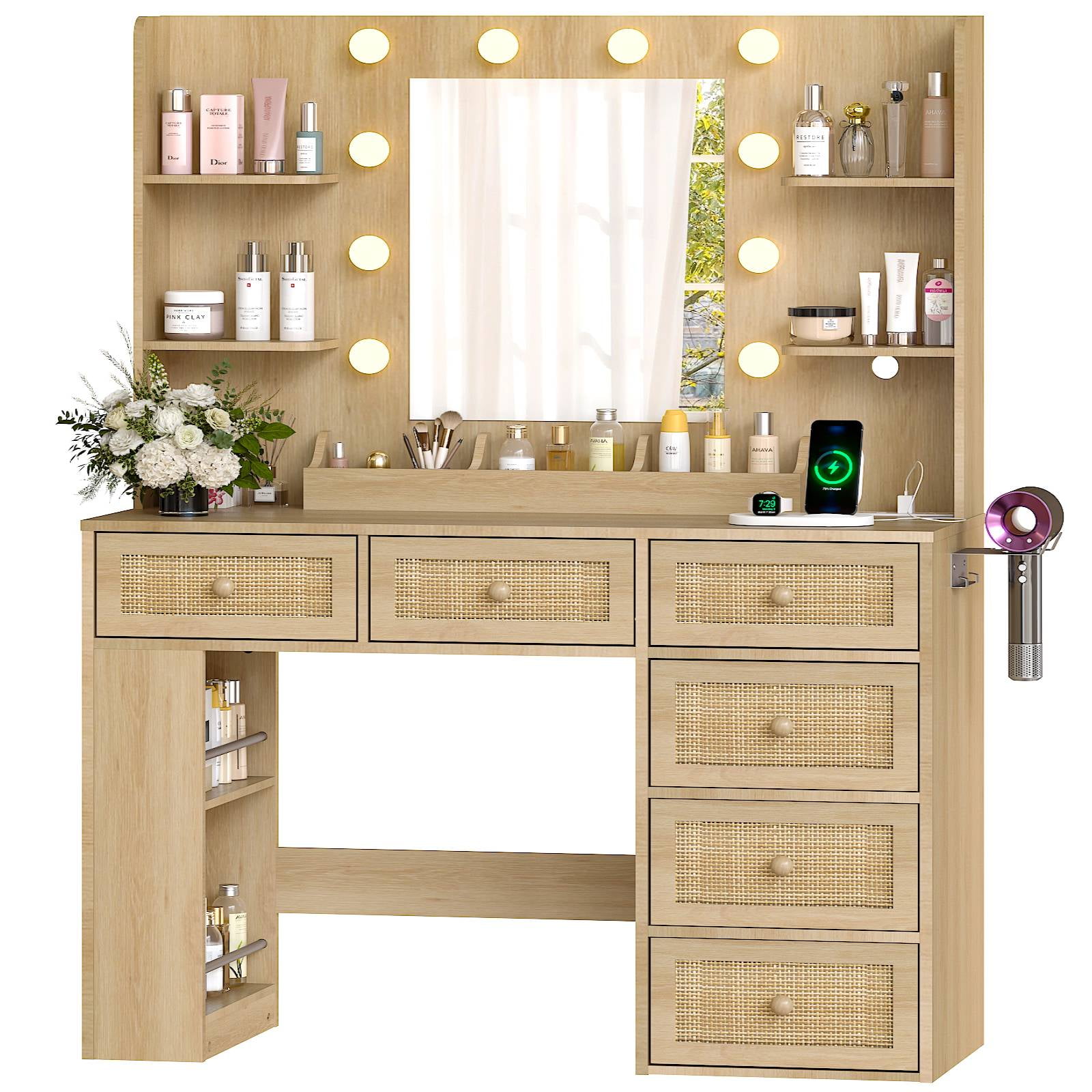 Ktaxon Lighted Makeup Vanity with 6 Drawers, Get Ready with Me Vanity Table Set w/ Charging Station, Side Rack, Wood Color