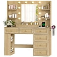 thumbnail image 1 of Ktaxon Lighted Makeup Vanity with 6 Drawers, Get Ready with Me Vanity Table Set w/ Charging Station, Side Rack, Wood Color, 1 of 8