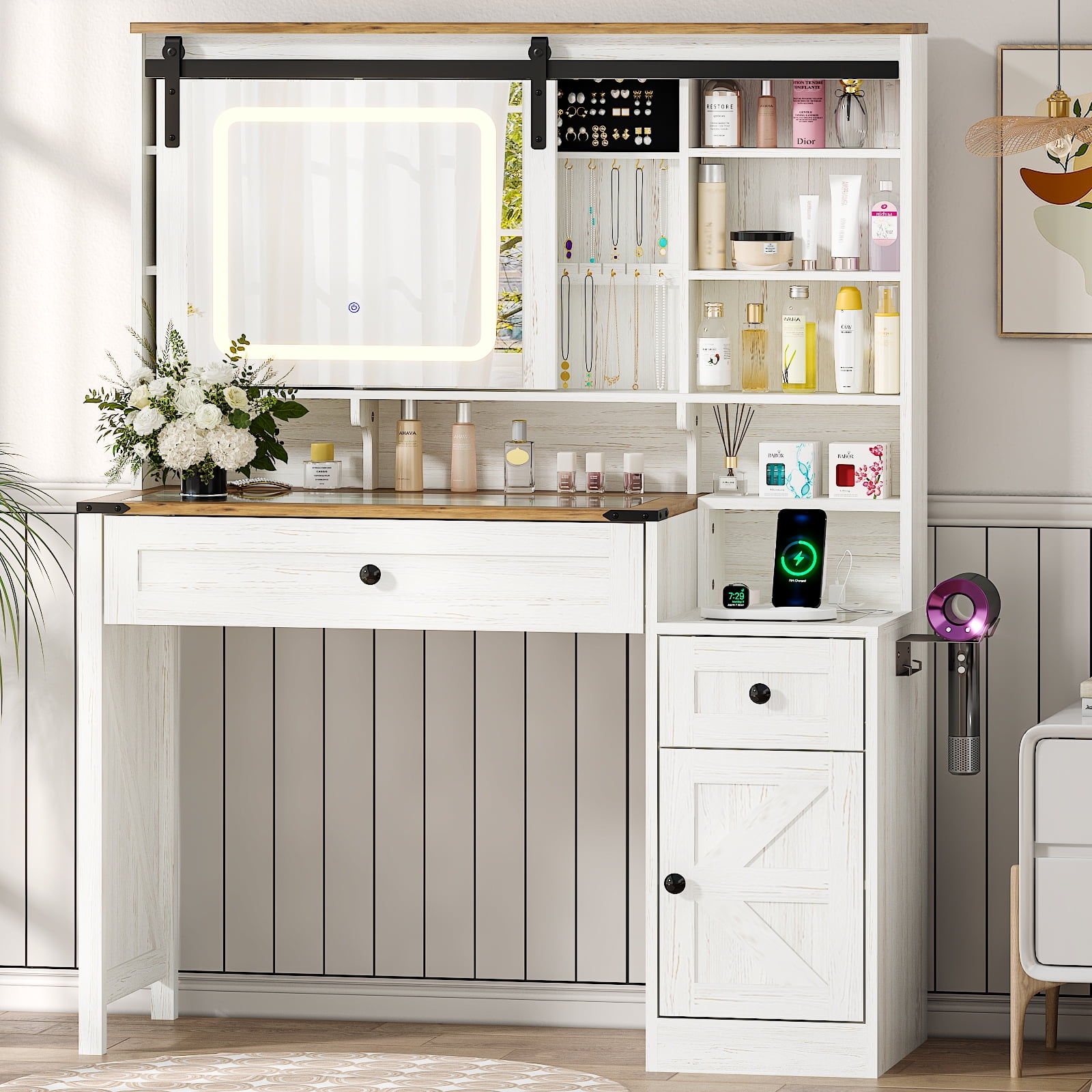 Ktaxon Farmhouse Makeup Vanity with Sliding Barn Door,  Vanity Table Set w/ Lighted Mirror, Washed White