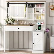 Ktaxon Farmhouse Makeup Vanity with Sliding Barn Door, Vanity Table Set w/ Lighted Mirror, Washed White