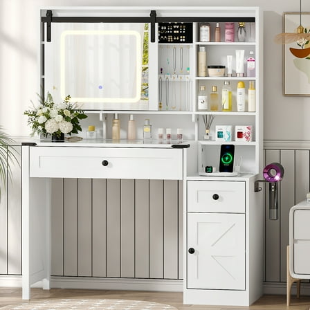 Ktaxon Farmhouse Makeup Vanity with Sliding Barn Door,  Vanity Table Set w/ Lighted Mirror, White