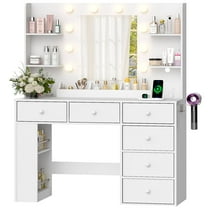 Ktaxon Lighted Makeup Vanity with 6 Drawers, Get Ready with Me Vanity Table Set w/ Charging Station, Side Rack, White