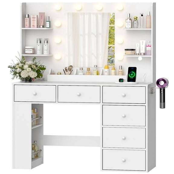 Ktaxon Lighted Makeup Vanity with 6 Drawers, Get Ready with Me Vanity Table Set w/ Charging Station, Side Rack, White