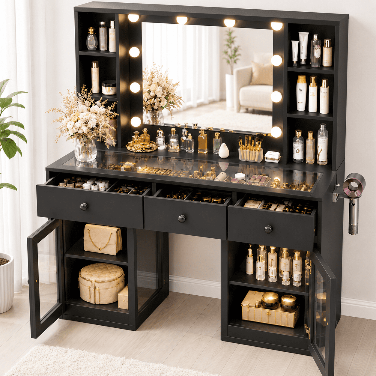 Ktaxon Makeup Vanity with Lighted Mirror, Vanity Table with Glass Table Top and Charging Station for Bedroom, Black