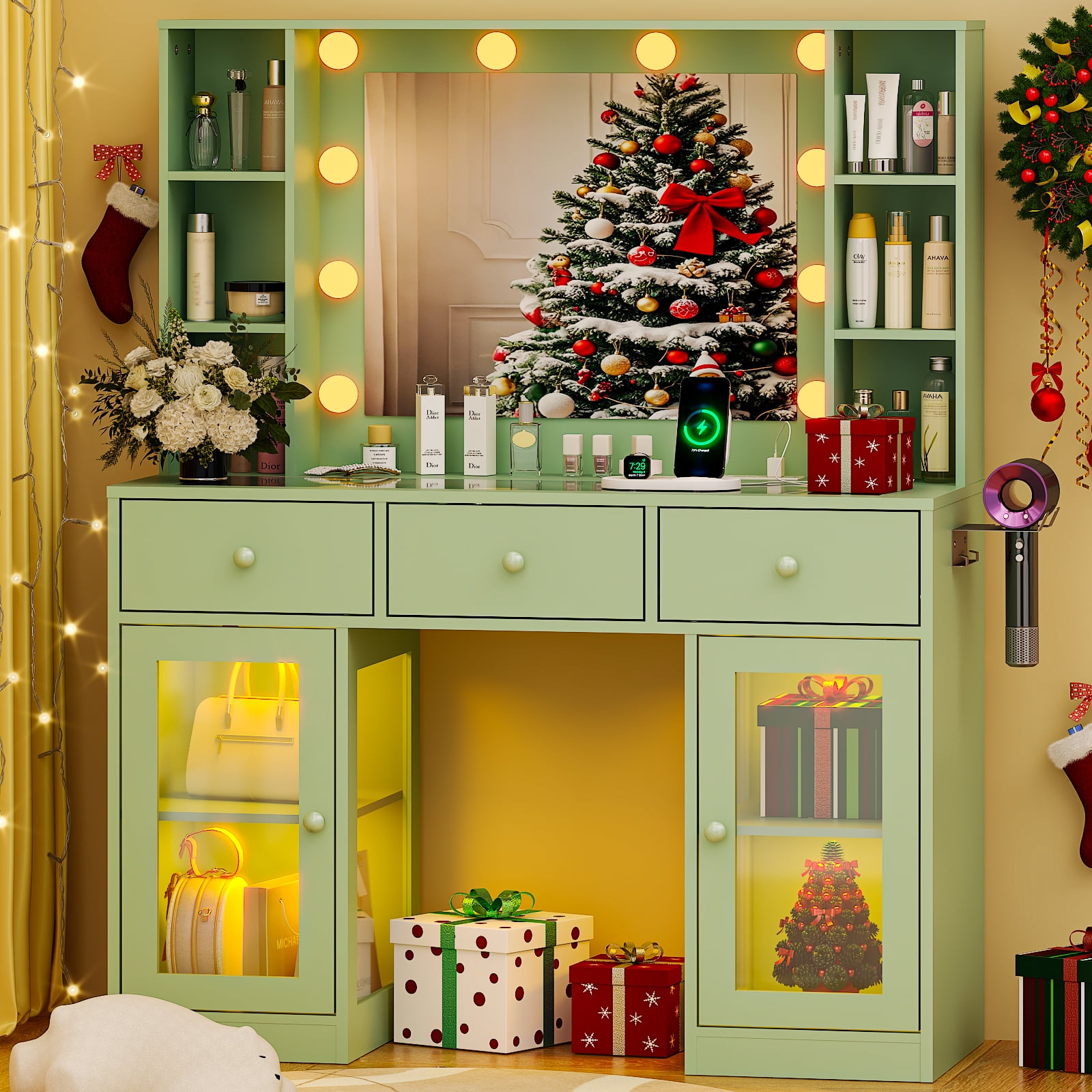 Ktaxon Makeup Vanity with Lighted Mirror, Vanity Table with Glass Table Top and Charging Station for Bedroom, Macaron green