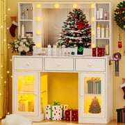 Ktaxon Makeup Vanity with Lighted Mirror, Vanity Table with Glass Table Top and Charging Station for Bedroom, White