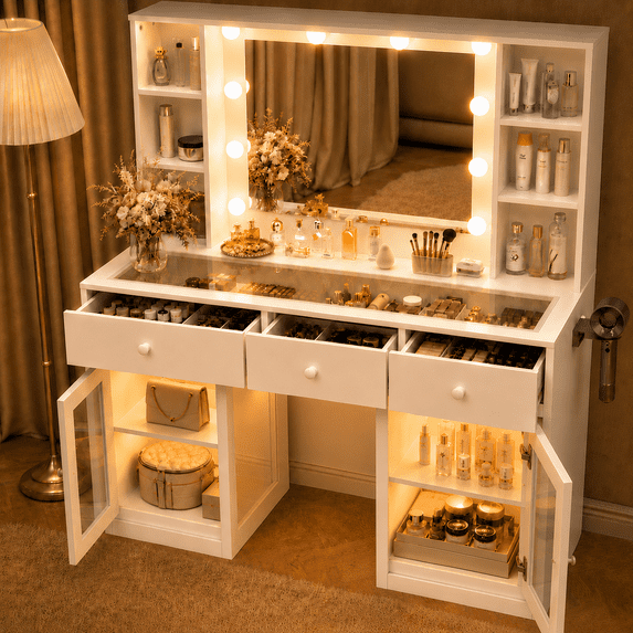 Ktaxon Makeup Vanity with Lighted Mirror, Vanity Table with Glass Table Top and Charging Station for Bedroom, White