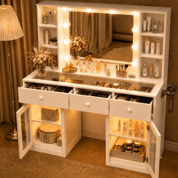 Ktaxon Makeup Vanity with Lighted Mirror, Vanity Table with Glass Table Top and Charging Station for Bedroom, White