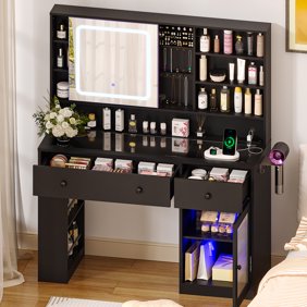 Ktaxon Makeup Vanity with Lighted Mirror,  Vanity Table Set w/ Charging Station, Side Rack, Black