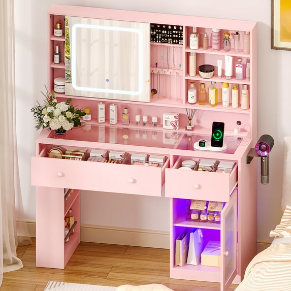 Ktaxon Makeup Vanity with Lighted Mirror, Vanity Table Set w/ Charging Station, Side Rack, Macron Pink