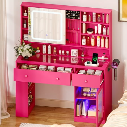 Ktaxon Makeup Vanity with Lighted Mirror,  Vanity Table Set w/ Charging Station, Side Rack, Pink