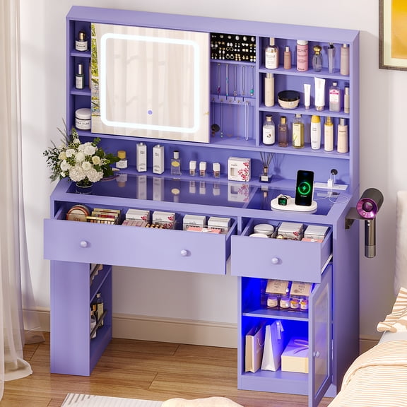 Ktaxon Makeup Vanity with Lighted Mirror,  Vanity Table Set w/ Charging Station, Side Rack, Sophia Purple