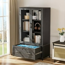 Ktaxon Lockable 4 Tier File Cabinet Bookcase with Letter+Legal Size Drawer&Adjustable Shelves, Wood Bookshelf Storage with Glass Door, Black