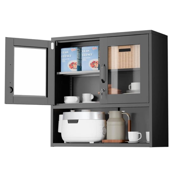 Ktaxon Lockable Glass Door Metal Wall Cabinet, Wall Mounted Storage Display Cabinet w/ Adjustable Shelf, Garage Kitchen Office Organizer, Black