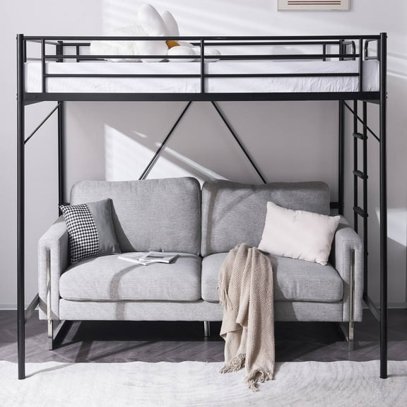 Ktaxon Loft Bed Full Size with Flat Rungs, No Box Spring Required,Heavy Duty Metal Slat Support,Black