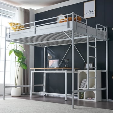 Ktaxon Loft Bed Full Size with Flat Rungs for Adults, Kids and Young Teens, No Box Spring Required,Heavy Duty Metal Slat Support,White