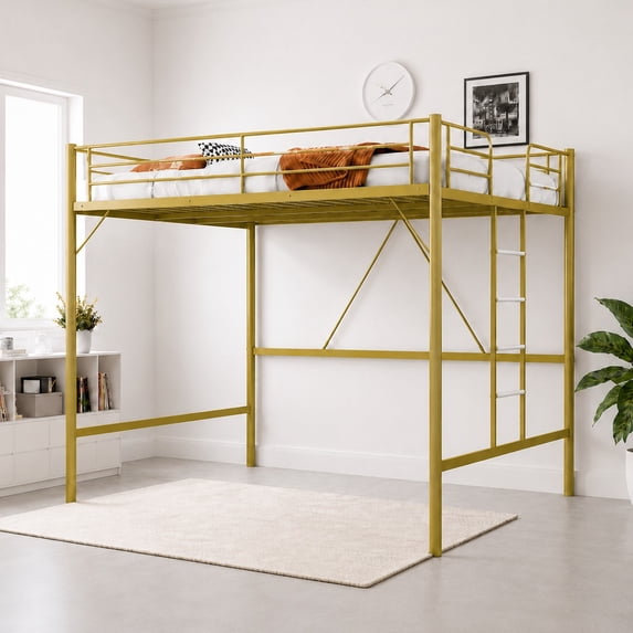 Ktaxon Loft Bed Queen Size with Flat Rungs, No Box Spring Required,Heavy Duty Metal Slat Support,Gold