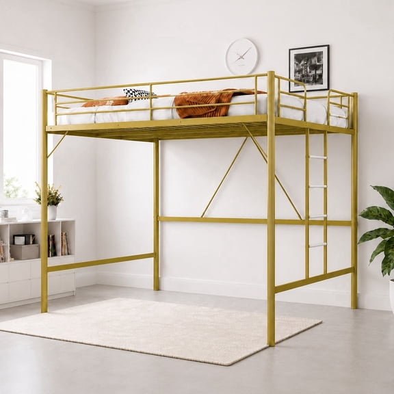 Ktaxon Loft Bed Queen Size with Flat Rungs, No Box Spring Required,Heavy Duty Metal Slat Support,Gold
