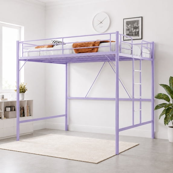 Ktaxon Loft Bed Queen Size with Flat Rungs, No Box Spring Required,Heavy Duty Metal Slat Support,Purple