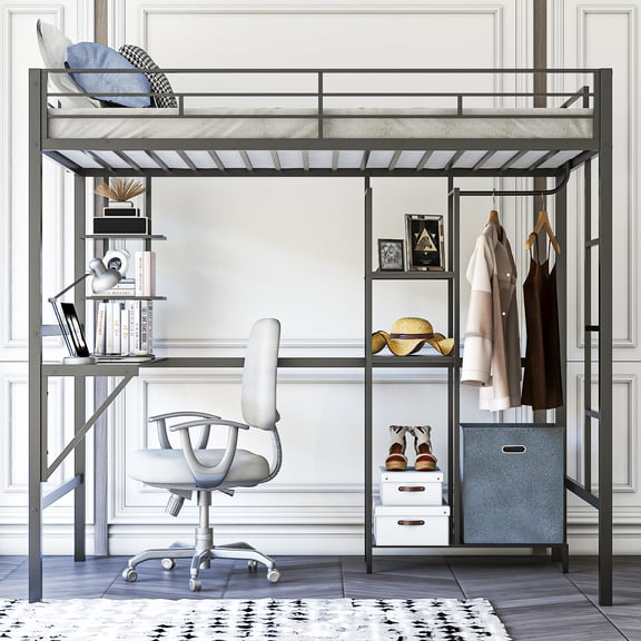 Ktaxon Loft Bed Twin Size with Desk,Storage Shelves and Twin Size Bed with Clothes Rail,Safety Guard & Ladder,Black