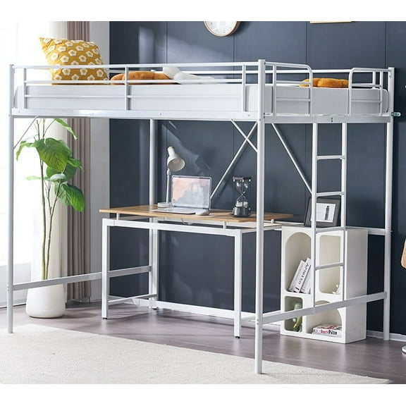 Ktaxon Loft Bed Twin Size with Flat Rungs for Adults, Kids and Young Teens, No Box Spring Required,Heavy Duty Metal Slat Support,White