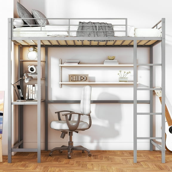 Ktaxon Loft Bed with Desk, Twin Size Bunk Bed Frame for Kids, Adult, Gray