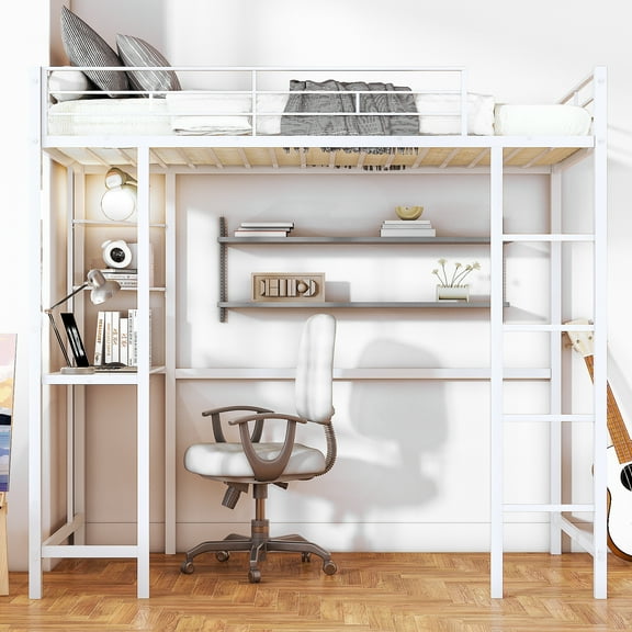 Ktaxon Loft Bed with Desk, Twin Size Bunk Bed Frame for Kids, Adult, White