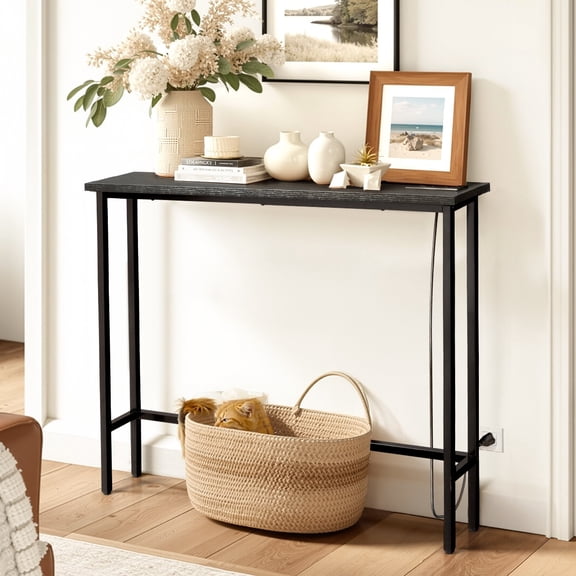 Ktaxon Long 39" Console Table Sofa Table with 2 Charging Outlets, Industrial Entryway Table TV Stand Storage Shelves, Black