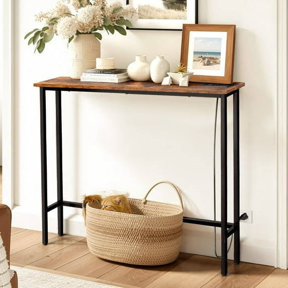 Ktaxon Long 39" Console Table Sofa Table with 2 Charging Outlets, Industrial Entryway Table TV Stand Storage Shelves, Rustic