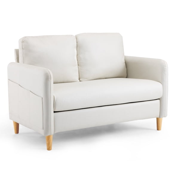 Ktaxon Loveseat Sofa with Side Bags 47" 2-Seat Small Couch with Wood Legs for Living Room Bed Room Beige Faux Leather