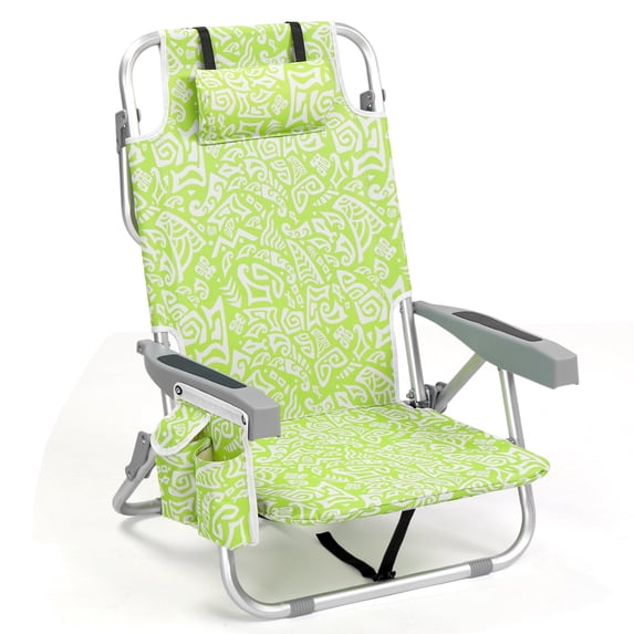 Ktaxon Low Backpack Beach Chair, 5-Position Protable Beach Chair, Light-Weight Foldable Camping Chair with Back Storage Bag & Cooler Pouch and Side Bags for Beach Poolside (Yellow-Green Print)