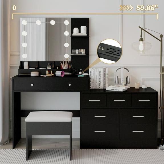 Ktaxon Makeup Vanity with 9 Drawers&USB Charging Station, Vanity Desk with 3 Color Light, Vanity Table Set w/ 9 Drawer Dresser, Black