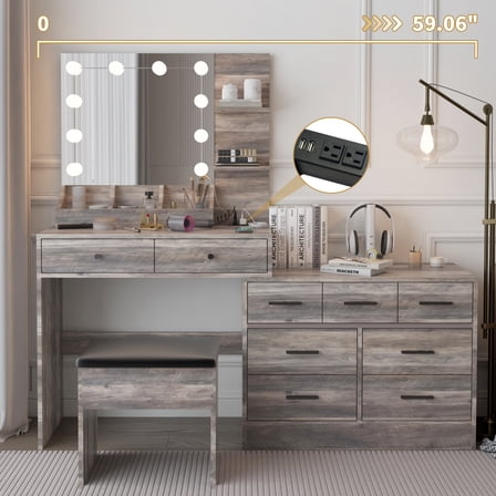 Ktaxon Makeup Vanity with 9 Drawers&USB Charging Station, Vanity Desk with 3 Color Light, Vanity Table Set w/ 9 Drawer Dresser, Gray