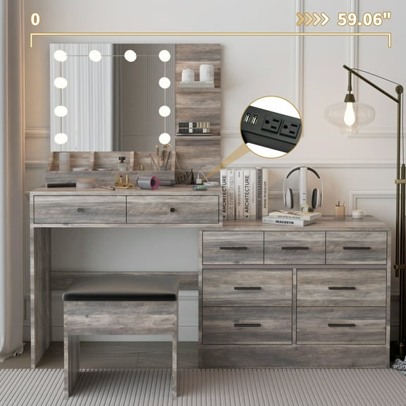 Ktaxon Makeup Vanity with 9 Drawers&USB Charging Station, Vanity Desk with 3 Color Light, Vanity Table Set w/ 9 Drawer Dresser, Gray