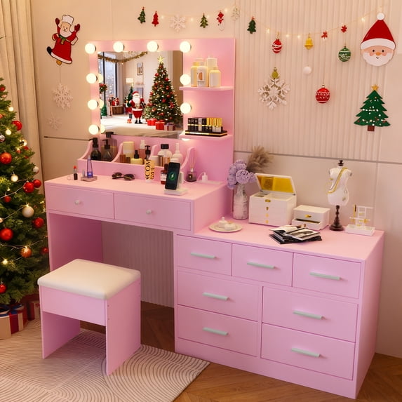 Ktaxon Makeup Vanity with 9 Drawers&USB Charging Station, Vanity Desk with 3 Color Light, Vanity Table Set w/ 9 Drawer Dresser,Light Pink
