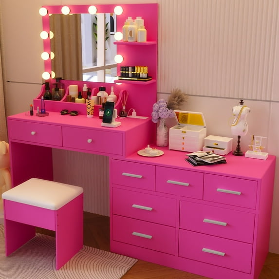 Ktaxon Makeup Vanity with 9 Drawers&USB Charging Station, Vanity Desk with 3 Color Light, Vanity Table Set w/ 9 Drawer Dresser, Pink